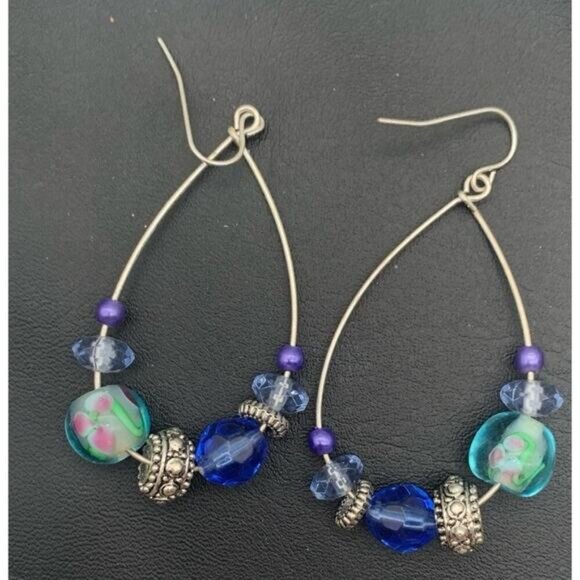 Silver Tone & Blue Beaded And Art Glass Beads Tear Drop Hoop Earrings Pierced - Picture 2 of 4